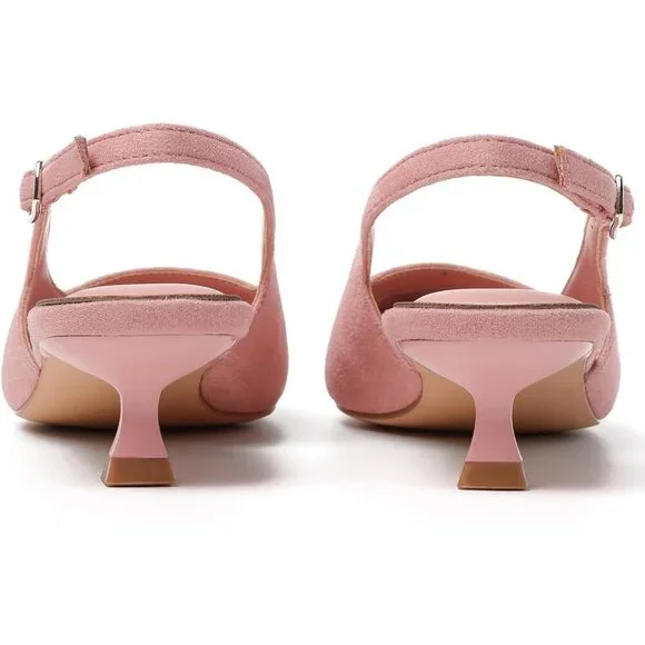 Women's Pink Suede Pointed Closed Toe Slingback Kitten Heels Pumps Party Shoes - Picture 7 of 9